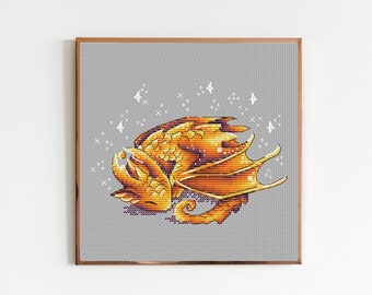 Dragon Cross Stitch Pattern PDF, Golden Dragon Counted Cross Stitch, Cute Dragon Embroidery, Fantasy Cross Stitch Instant Download File