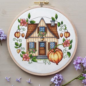 House Cross Stitch Pattern Digital Download, House with Physalis Embroidery, House with Flowers, Spring Decor, Cozy House Pattern PDF