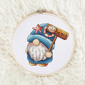 Gnome Cross stitch pattern PDF, Summer Sea Gnome Counted Cross Stitch, Cute Gnome Embroidery Instant Download File, Wall Decor