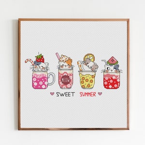May include: Cross-stitch artwork featuring four colorful drinks, each with a cat peeking out. The drinks include a pink strawberry drink, a pink drink with the word "MEOW", a yellow drink with orange slices, and a red drink with watermelon. The words "SWEET SUMMER" are below.