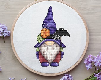 Gnome Halloween Cross Stitch Pattern, Halloween Pumpkin Pattern Cross Stitch Digital File Instant Download, Hand Embroidery Design