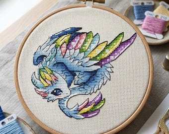 Rainbow Baby Dragon Cross Stitch Pattern, Modern Fantasy Design (PDF)