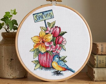 Spring Cake Cross Stitch Pattern, Flowers and Bird (PDF Pattern)