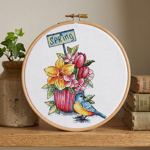 Spring Cake Cross Stitch Pattern, Flowers and Bird (PDF Pattern)