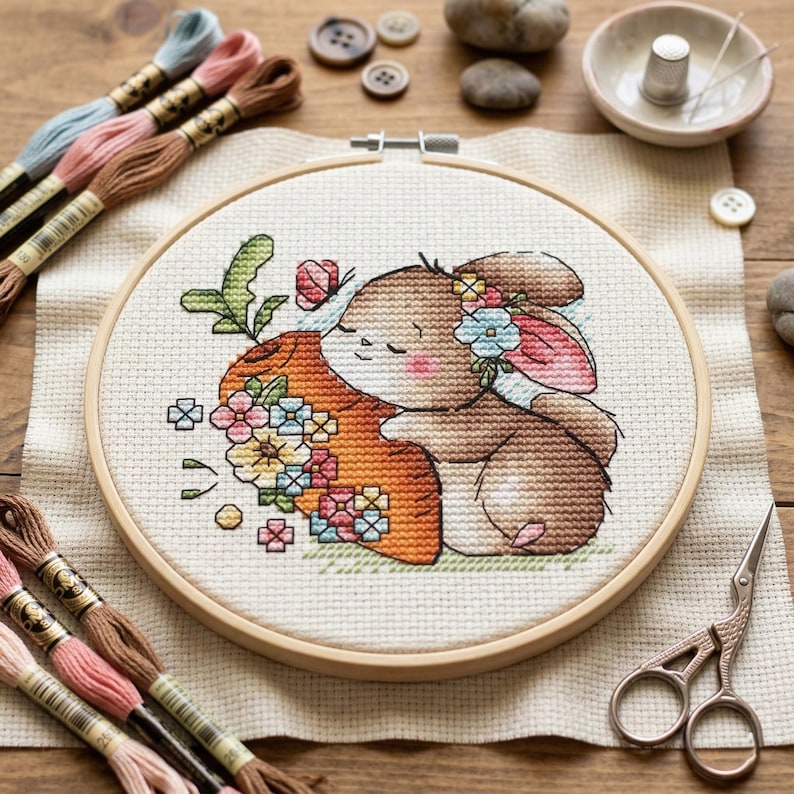 Bunny and Carrot Cross Stitch Pattern, Floral Rabbit (PDF Pattern) - Etsy