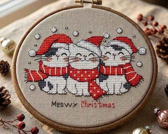 Christmas Kittens Cross Stitch Pattern, Hand-Designed Meowy Christmas (PDF)