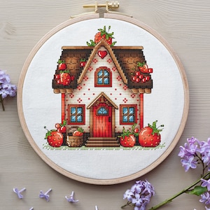 House Cross Stitch Pattern Digital Download, Strawberry House Embroidery, House with Berries, Spring Decor, Cozy House Pattern PDF