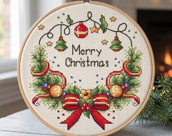 クリスマスクロスステッチパターン、小さな刺繍、クリスマスリースの
