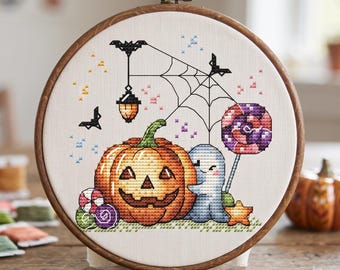 Halloween Ghost and Pumpkins Cross Stitch Pattern (PDF Pattern)