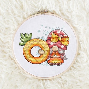 Gnome With Pineapple Cross Stitch, Dwarf Hand Embroidery Design, Summer Decor, Wall Decor Pattern, Hand Embroidery Needlepoint Chart