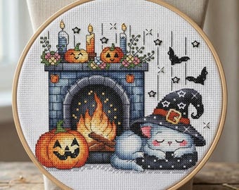 Halloween Cat Cross Stitch Pattern, Sleeping Kitten by Fireplace (PDF Pattern)