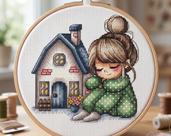 Girl with House Cross Stitch Pattern, Spring Flowers (PDF Pattern)