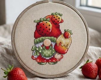Strawberry Gnome Cross Stitch Pattern, Summer Ice Cream Embroidery (PDF)