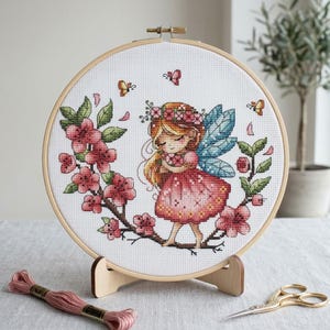 Patrón de punto de cruz de hada sobre flores de cerezo, bordado de niña adorable (archivo digital PDF)