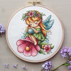 Fairy Cross Stitch Pattern, Fairy On a Bell Cross Stitch, Bell Flowers Embroidery, Cute Littel Girl Cross Stitch Pattern Digital File PDF