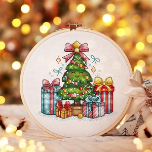 Christmas Tree Cross Stitch Pattern PDF, Christmas Gift Cross Stitch, Holiday Joy Hand Embroidery, Christmas Crafts Digital Download