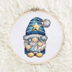 Gnome Cross stitch pattern PDF, Summer Sea Gnome Counted Cross Stitch, Cute Gnome Embroidery Instant Download File, Wall Decor
