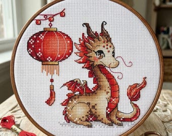 Chinesischer Drache Kreuzstich-Muster, Fantasy Cute Design (PDF-Muster)