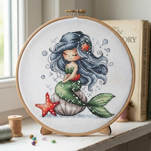 Mermaid Cross Stitch Pattern, Ocean Princess Embroidery Chart (PDF Download)