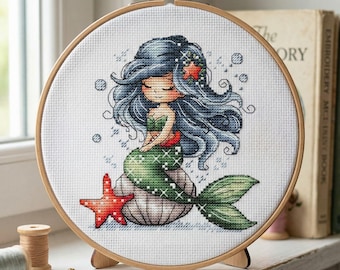 Patrón de punto de cruz de sirena, diagrama de bordado de princesa del océano (descarga en PDF)