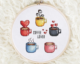 Coffee Cross stitch pattern PDF, Cups of Coffee Counted Cross Stitch, Coffee Lover Embroidery Instant Download File, Kitchen Decor