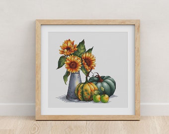 Sunflowers Cross Stitch Pattern PDF, Flowers Bouquet Counted Cross Stitch, Autumn Embroidery, Pumpkins Cross Stitch Pattern Digital File PDF