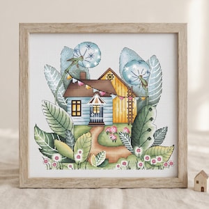 Korsstygnsmönster med magiskt sommarhus, maskrosbroderidesign (PDF-nedladdning)