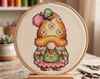 Gnome with Butterfly Cross Stitch Pattern, Spring Embroidery (PDF)