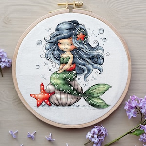 Schema punto croce Sirena, Schema digitale Principessa dell&#39;oceano PDF, Schema decorazione parete moderna Ragazza del mare, Grafico ad ago ricamato a mano