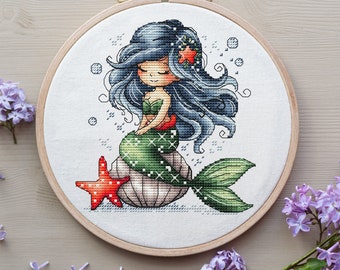 Mermaid Cross Stitch Pattern, Ocean Princess Digital Pattern PDF, Sea Girl Modern Wall Decor Pattern, Hand Embroidery Needlepoint Chart