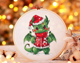 Dragon Cross Stitch Pattern PDF, Christmas Counted Cross Stitch, Santa Dragon Cross Stitch, Fantasy Cross Stitch Instant Download File