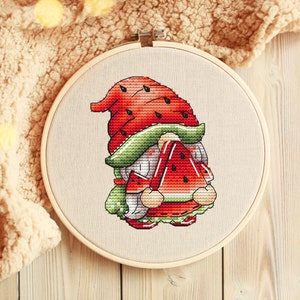 Gnome With Watermelon Cross Stitch Pattern PDF, Dwarf Hand Embroidery Design, Watermelon Needlepoint File Instant Download