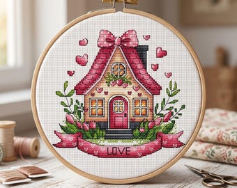 Love House Cross Stitch Pattern, Romantic Valentine Embroidery (PDF Pattern)