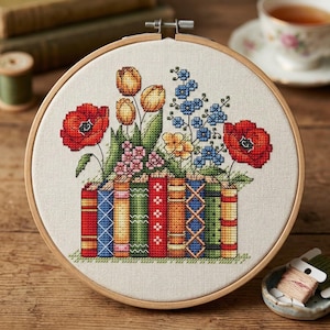 Patrón de punto de cruz de libros y flores silvestres, diseño de bordado de estantería floral, bordado de regalo, amapolas y tulipanes (descarga instantánea en PDF)