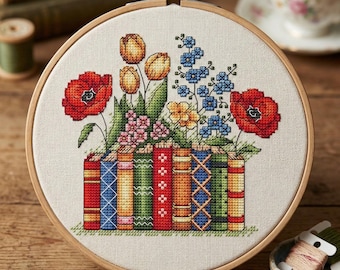 Books and Wildflowers Cross Stitch Pattern, Floral Bookcase Embroidery Design, Gift Needlepoint, Poppies and Tulips Instant Download PDF