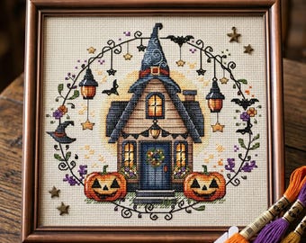 Halloween House Cross Stitch Pattern, Pumpkin Decor (PDF Pattern)