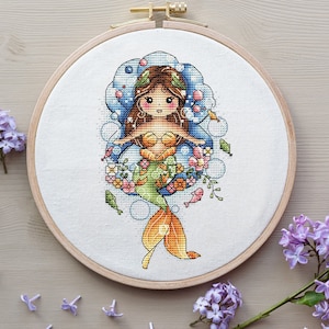 Schema punto croce sirena, schema digitale principessa dell&#39;oceano PDF, schema moderno decorazione murale ragazza del mare, schema ricamo a mano punto croce