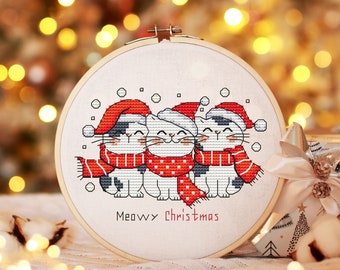 Weihnachtskätzchen Kreuzstichmuster PDF, Katzen Dekoration digitaler Sofort-Download, Katze Art Nadelspitze Wohnkultur lustige Weihnachtskätzchen