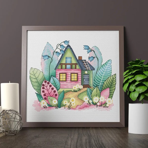 Spring House Cross Stitch Pattern PDF, Mini Fairy House Counted Cross Stitch, Leaves Hand Embroidery DIY Pattern Instant Download