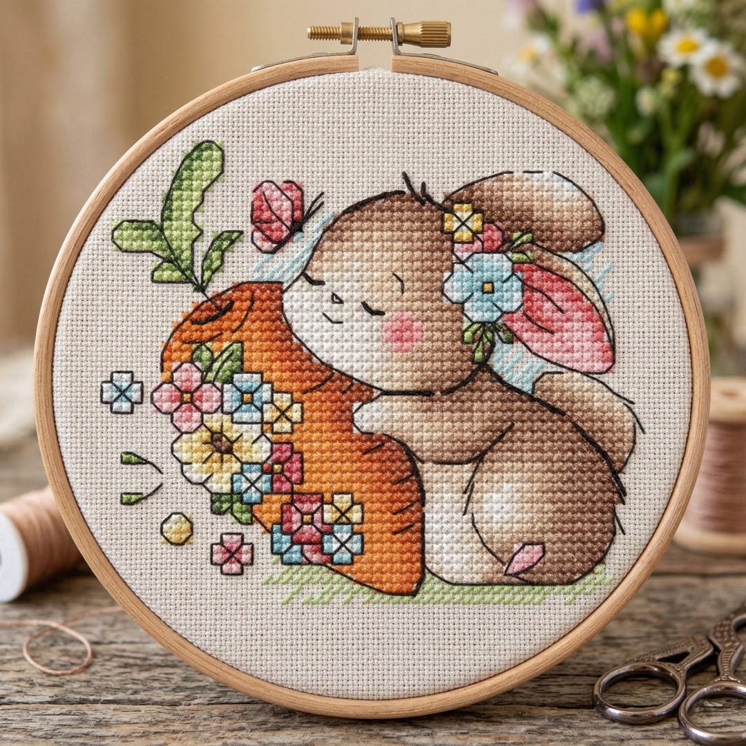 Bunny and Carrot Cross Stitch Pattern, Floral Rabbit (PDF Pattern) - Etsy