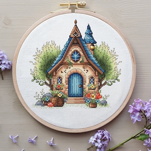 House Cross Stitch Pattern Digital Download, Magic House Embroidery, Fairytale House Cross Stitch, Spring Decor, Cozy House Pattern PDF