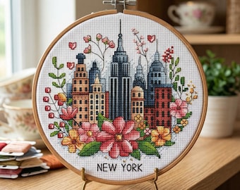 New York City Cross Stitch Pattern, Floral Embroidery (PDF Pattern)