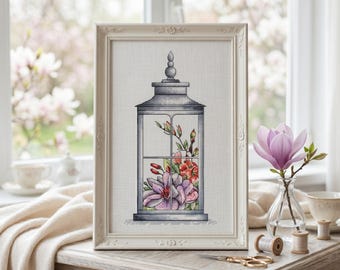 Lantern Flowers Cross Stitch Pattern, Floral Embroidery Design (Digital File PDF)