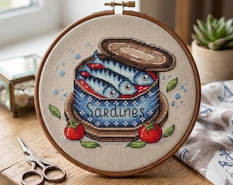 Sardines Can Cross Stitch Pattern, Food Embroidery Design (PDF)
