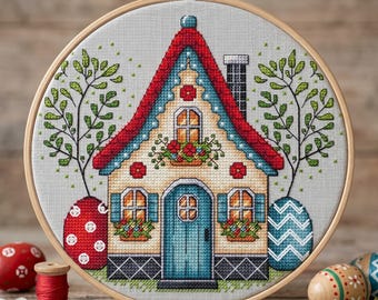 Easter House Cross Stitch Pattern, Flowers, Eggs (Digital Download)