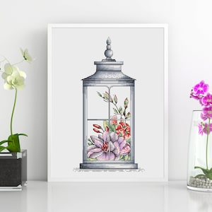 Lantern Cross Stitch Pattern PDF, Flowers Counted Cross Stitch, Lantern with flowers Embroidery Design Digital File PDF