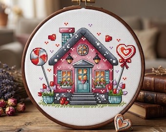 Love House Cross Stitch Pattern, Valentines Embroidery (PDF File)