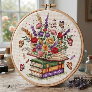 Flowers and Books Cross Stitch Pattern PDF, Modern Floral Embroidery Chart, Instant Download, Bookish Needlepoint Design, Wildflower Pattern