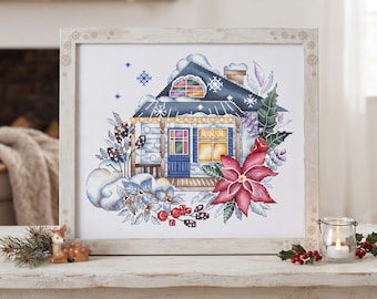 Winter House Cross Stitch Pattern, Floral Embroidery Design (Digital PDF File)