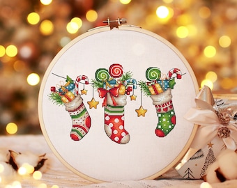 Weihnachten Kreuzstich Muster PDF, Neujahr Socken Kreuzstich Stickmuster, Weihnachtsdekoration, Winter Stickerei Digitales Muster PDF